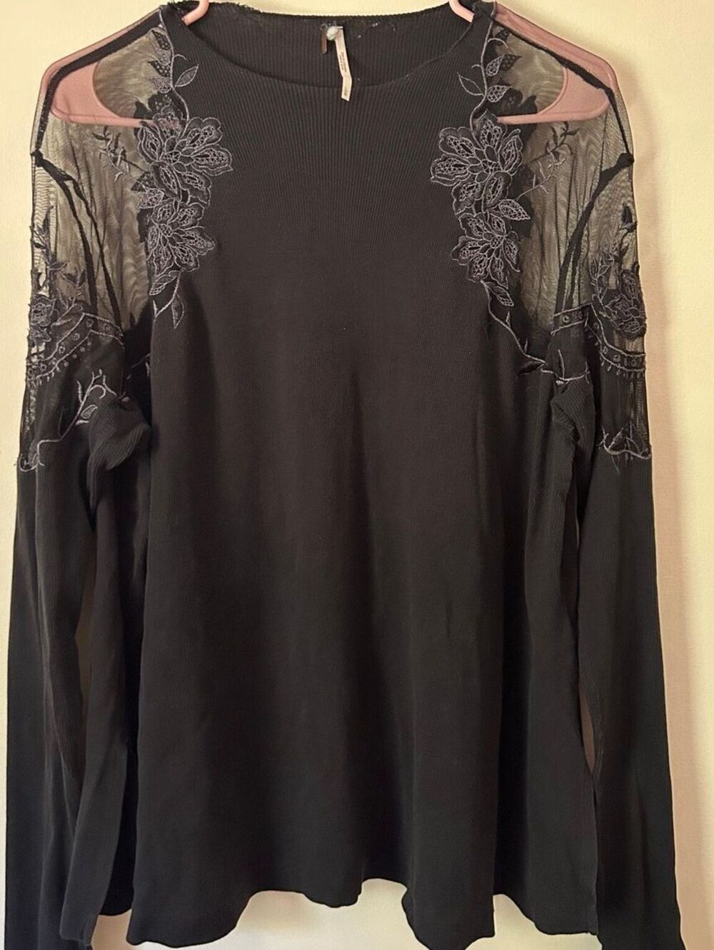 Free People Daniella Black Floral Embroidered Mesh Tunic Large